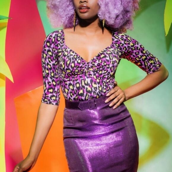 NWT Deadly dames purple leopard print 3/4 sleeve top - Picture 2 of 5